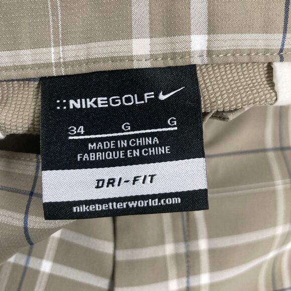 Nike Golf Shorts Mens SZ 34 Plaid Flat Front Performance Dri Fit Chino Tan Blue - Picture 8 of 12